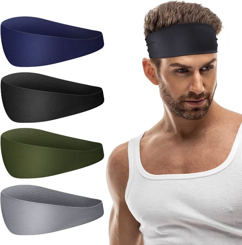 Photo 1 of Favofit Headbands for Women & Men, 4 Pack, Premium Non Slip Sweatbands for Sport & Fitness Workout, Unisex Hairband with Fast Moisture Wicking, Fits Under Any Headwear, Black/Army Green/Gray/Navy Blue
