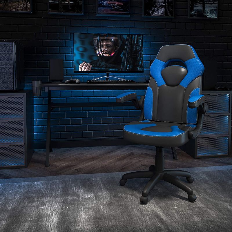 Photo 1 of Flash Furniture X10 Gaming Chair Racing Office Ergonomic Computer PC Adjustable Swivel Chair with Flip-up Arms, Blue/Black LeatherSoft 26.25"D x 24.75"W x 46.25"H
