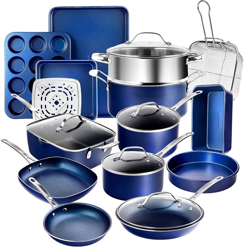 Photo 1 of *MISSING PARTS** Granitestone Blue 20 Piece Pots and Pans Set, Complete Cookware & Bakeware Set with Ultra Nonstick Durable Mineral & Diamond Surface, Stainless Stay Cool Handles Oven & Dishwasher Safe, 100% PFOA Free
