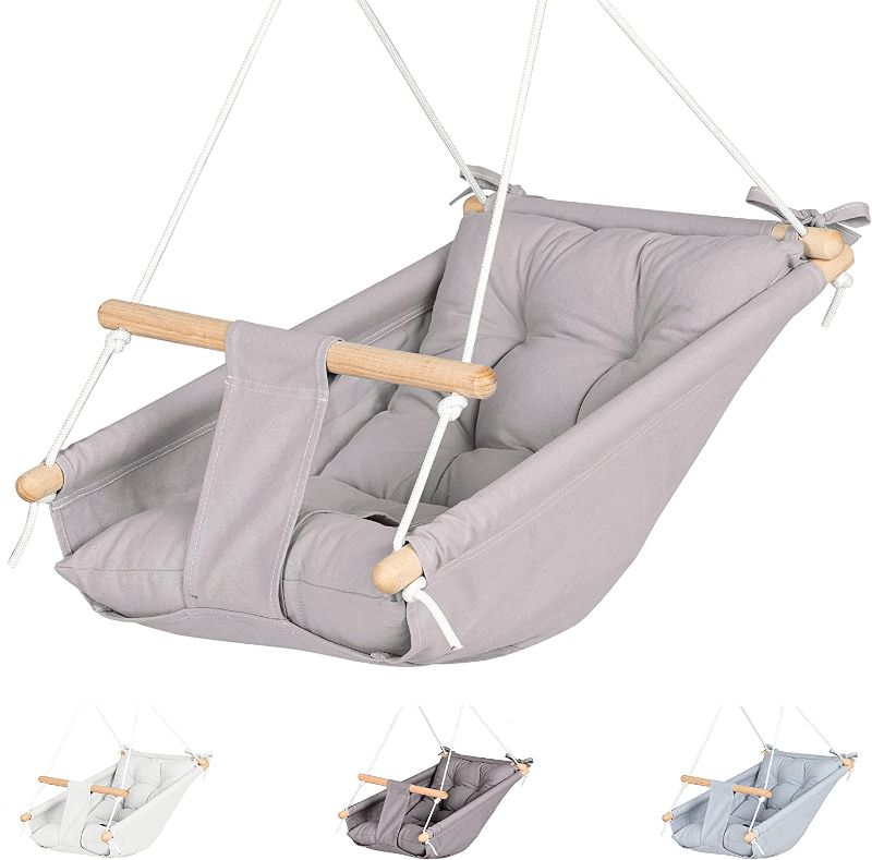 Photo 1 of * READ BELOW* Canvas Baby Swing Hammock by Cateam - Taupe Gray - Wooden Hanging Swing Seat Chair for Baby with 5-Point Safety Belt and mounting Hardware. Baby Hammock Chair Birthday Gift.
