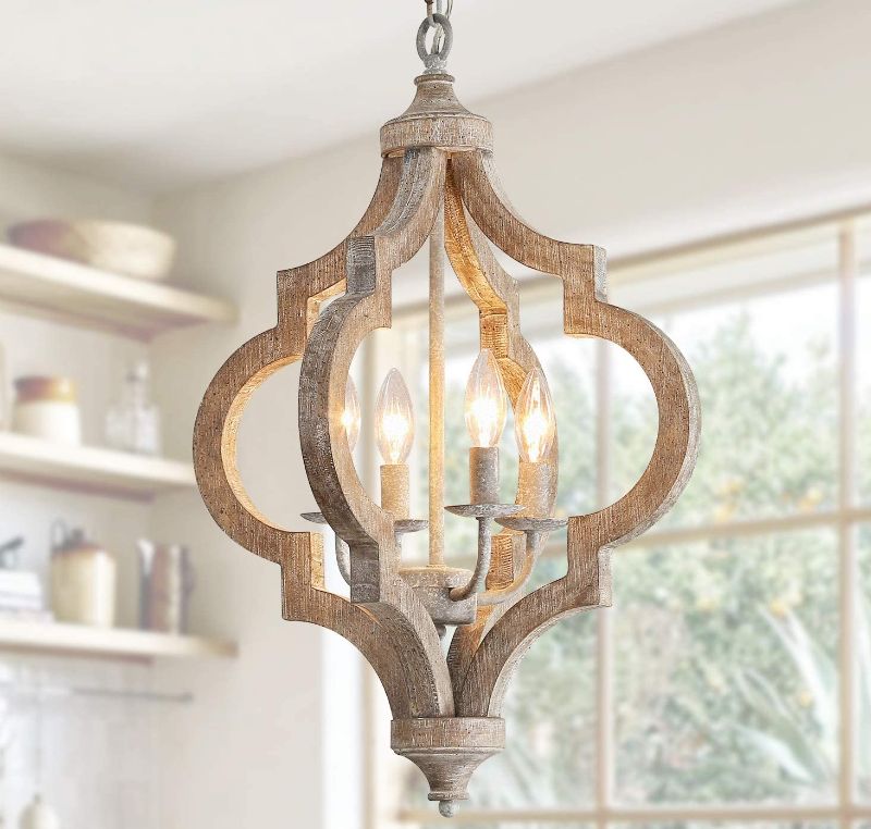 Photo 1 of PHILOMENA 4-Light Wood Farmhouse Chandelier Ceiling Light Rustic Orb Wooden Vintage Chandelier Light Fixture Antique Hanging Ceiling Lamp Pendant Light for...
