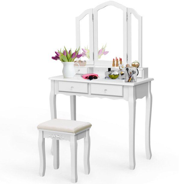 Photo 1 of ***DAMAGED MIRROR**Costway Makeup Table Stool Set Tri Folding Mirror Vanity White
