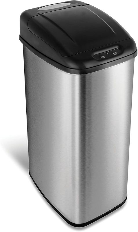 Photo 1 of NINESTARS DZT-50-6 Automatic Touchless Infrared Motion Sensor Trash Can, 13 Gal 50L, Stainless Steel Base (Rectangular, Black Lid)