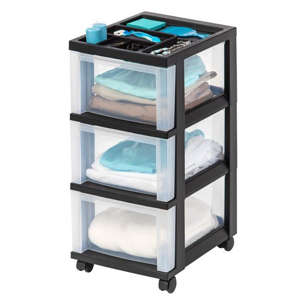 Photo 1 of IRIS USA, 3-Drawer Rolling Storage Cart with Organizer Top, Black
