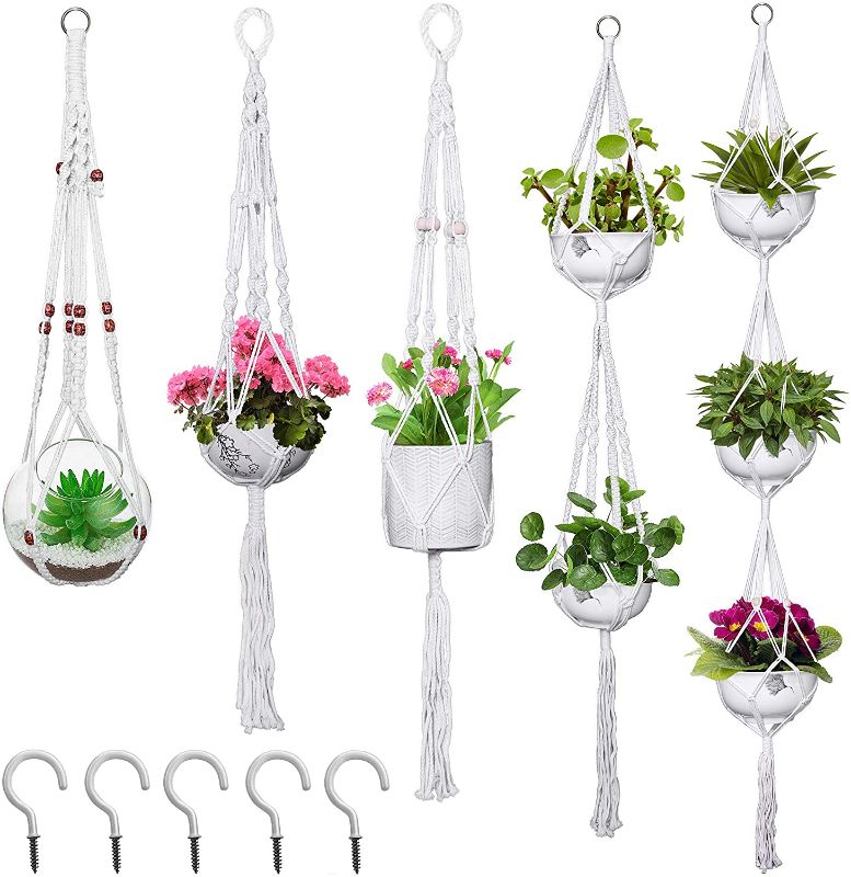 Photo 1 of 2 PACK**
XEEMYX Macrame Plant Hanger 5 Pack Decorative Hanging Plant Holder Handmade Cotton Rope Planters with Beads & Tassels Indoor Outdoor for Flower Pots Home Décor with 5 Hooks
