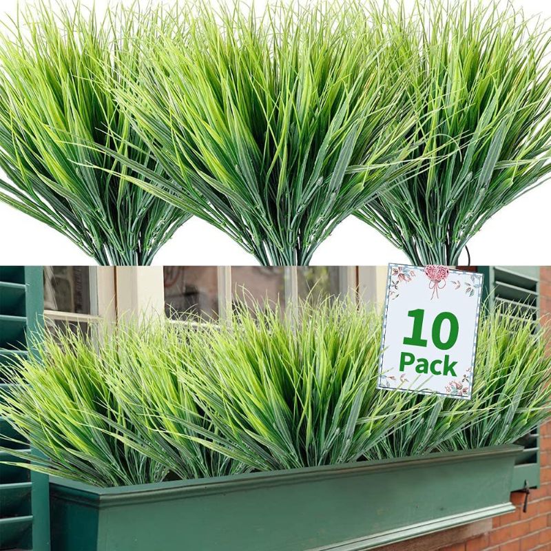 Photo 1 of 10 Pcs Artificial Grasses Outdoor Plants Fake Plastic Greenery Shrubs Wheat Grass for Garden Porch Window Box Hanging Basket Decorating, UV Resistant No Fade
