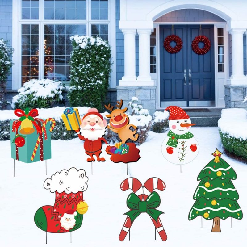 Photo 1 of 2021 Christmas Yard Sign with Stakes BIG SIZE for Holiday Lawn Yard Outdoor Decorations Stocking, Santa, Snowman, Candy, Tree, Gifts Merry Christmas Family theme, Xmas Home Decor Outdoor - Set of 6
