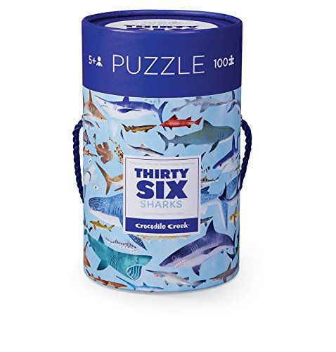 Photo 1 of  Crocodile Creek 4054-8 Shark Piece Puzzle in Canister Jigsaw FloorPuzzle, 14" x 19", Blue/Green/Orange/Red/Pink