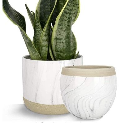 Photo 1 of (X2) White Ceramic Flower Plant Pots - 6.5 + 4.9 Inch Indoor Planters, Plant Containers with Handpainted Marble Ink Patterns
