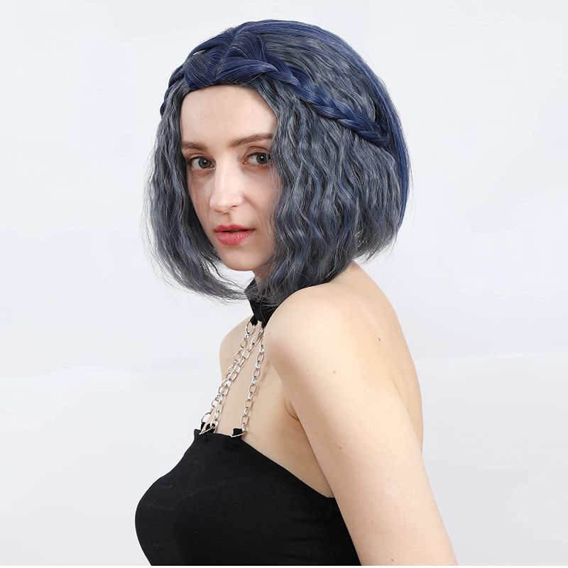 Photo 1 of Blue Natural Wavy & Straight Mixed Style Wig Grey Blue Short Bob Wig Middle Part Wig Synthetic High Heat Resistant Wig for Girl Costume Wigs(10"Grey Blue)
