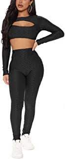 Photo 1 of Memoryee Women’s Yoga Workout Outfits 2 Piece Set, High Waisted Tummy Control Slimming Tracksuit Leggings Long Sleeve Crop Top Gym Clothes Set Black L