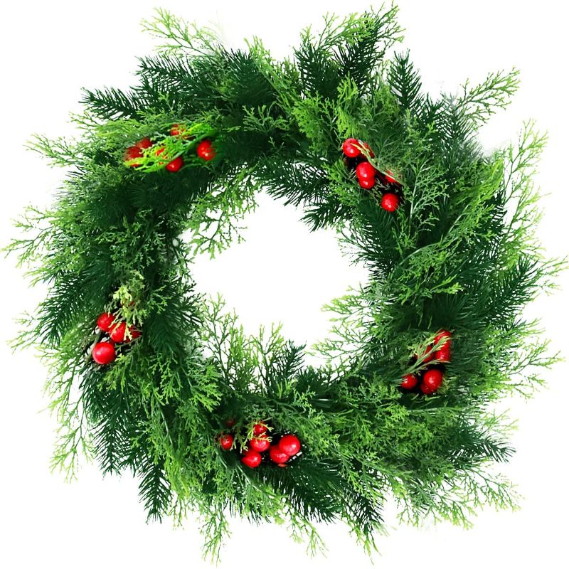 Photo 1 of PACK OF 2**
20.5In Artificial Pine Needle Cypress Wreath,Greenery Wreath with Red Berries for Front Door Wall Window,Welcome Wreaths for Thanksgiving,Christmas,New Year Party Decoration
