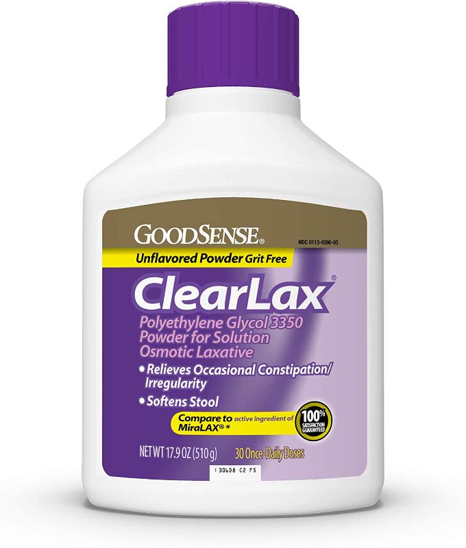 Photo 1 of **EXP 03-2024**GoodSense ClearLax, Polyethylene Glycol 3350 Powder for Solution, Osmotic Laxative, 17.9 Ounce
