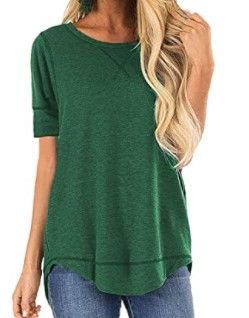 Photo 1 of Womens Loose Fit T Shirts Cotton Casual Tops for Women Long Short Sleeve Tunic Tshirts Crew Neck Tees Large Green 