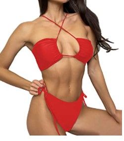 Photo 1 of Vaomts Halter Bikini Set Bandeau Swimsuit Women Side Tie High Waisted Swimwear small red 