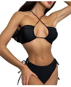 Photo 1 of Vaomts Halter Bikini Set Bandeau Swimsuit Women Side Tie High Waisted Swimwear medium black 