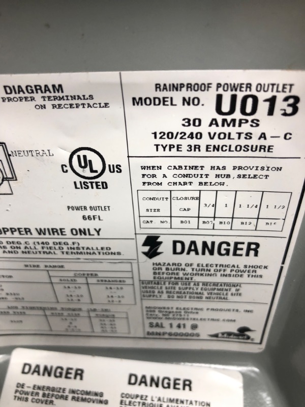 Photo 5 of USED Midwest U013 Power Outlet Panel, Temporary, 30A, 1P, 120VAC, NEMA 3R