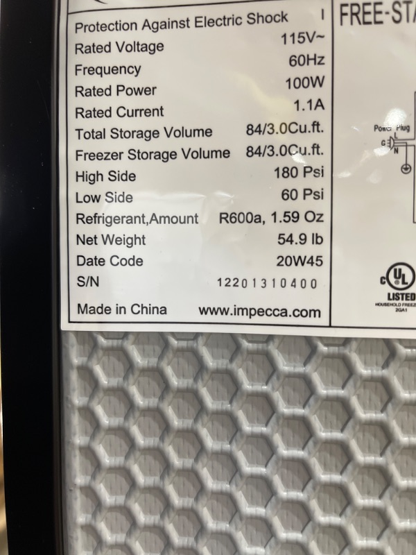 Photo 3 of ***SMALL DENT IN FRONT*** FC-1301K 20" Compact Freezer with 3 Cu. Ft. Capacity Lock Manual Defrost and Reversible Door in
