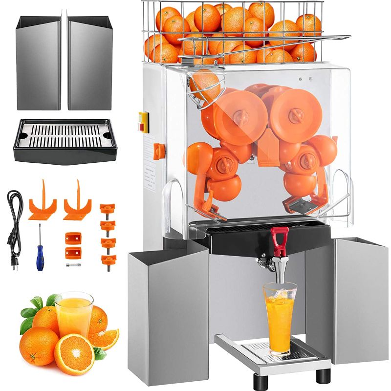 Photo 1 of ****INCOMPLETE, MISSING PIECES, DAMAGE SHON IN PICTURE*** VEVOR Commercial Juicer Machine with Water Tap, 110V Juice Extractor, 120W Orange Squeezer, Orange Juice Machine for 25-35 Per Minute with Pull-Out Filter Box Acrylic Cover and Two Collecting Bucke