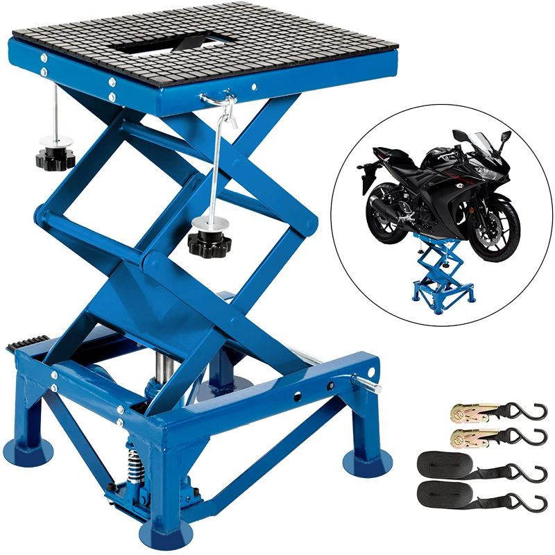 Photo 1 of ***INCOMPLETE, HARDWARE LOOSE IN BOX*** VEVOR 300LBS Motorcycle Jack, Hydraulic Motorcycle Scissor Jack, Portable Lift Table, Adjustable Motorcycle Lift Jack, Blue Motorcycle Lift Stand with Lockable Casters

