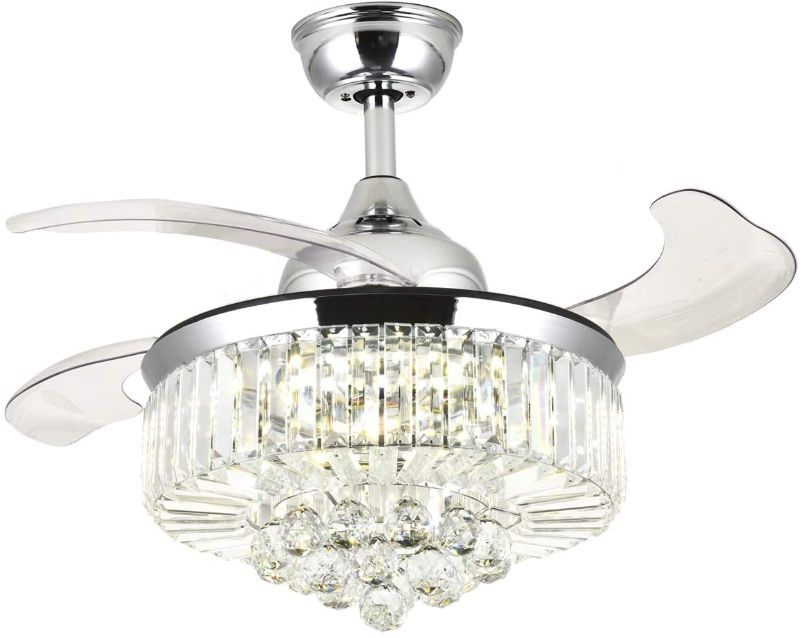 Photo 1 of (stock image for reference only not exact item 
 Modern Crystal Ceiling Fan with Light Retractable Blades Chandelier Fan with Reverse Chrome Remote Control Fandelier Lighting Fixture for Dining Room Bedroom 36 Inch