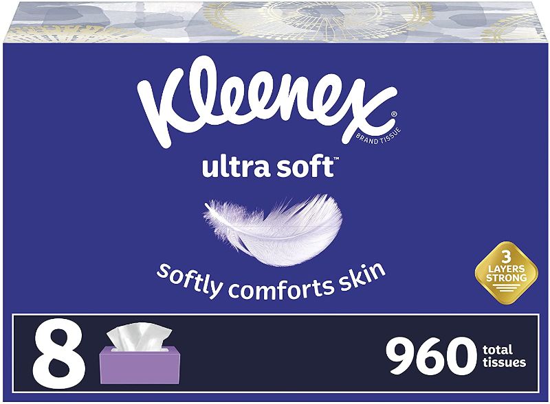Photo 1 of 2 ITEMS DAMAGED PACKAGING  
Kleenex Ultra Soft Facial Tissues, 8 Flat Boxes, 120 Tissues per Box (960 Total Tissues)        
 ($14 X 2)