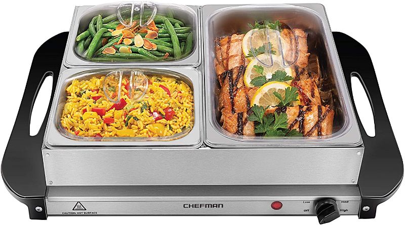 Photo 1 of Chefman Electric Buffet Server + Warming Tray w/Adjustable Temperature & 3 Chafing Dishes, Hot Plate Perfect  14" x 14" Surface, Stainless Steel