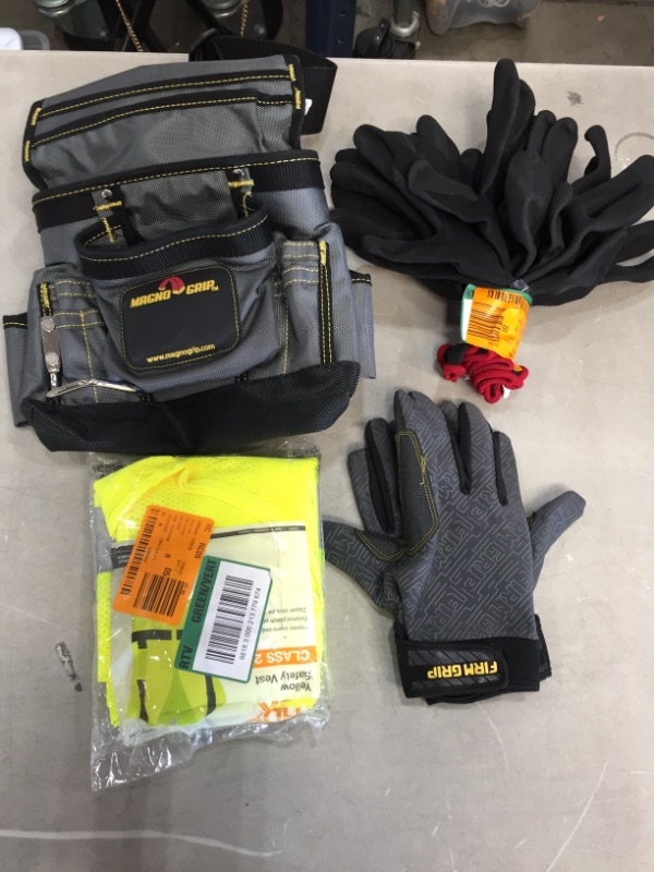 Photo 1 of HOME ACCESSORIES BUNDLE, GLOVES, VEST AND TOOLS BAG, SOLD AS IS, NO RETURN/REFUND