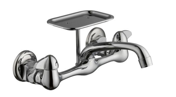 Photo 1 of 2-Handle Wall-Mount Kitchen Faucet with Soap Dish in Chrome
