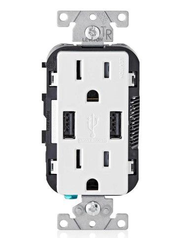 Photo 1 of 3.6A USB Dual Type A In-Wall Charger with 15 Amp Tamper-Resistant Outlets, White
