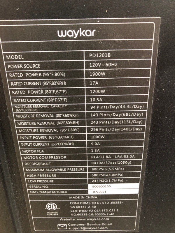 Photo 6 of (MOTOR MAKES STRANGE, LOUD NOISE; DENTED BACK/TOP)
Waykar Commercial Dehumidifier 296 Pints Large Industrial Dehumidifier with Garden Hose
