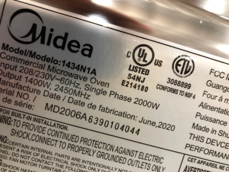 Photo 4 of (SEE PHOTO FOR UNIQUE PLUG-IN PRONG; UNABLE TO TEST)
Midea Equipment 1434N1A Stainless Steel Countertop Commercial Microwave Oven, 1400W
