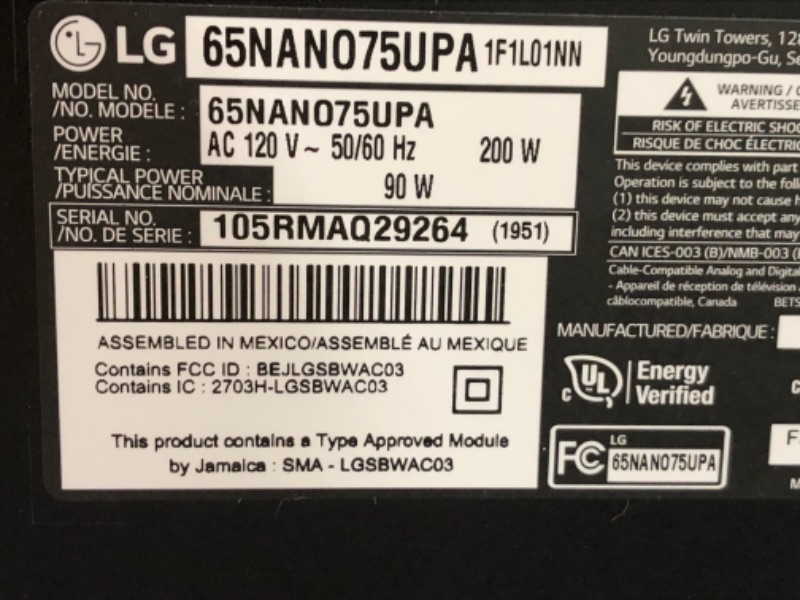 Photo 5 of (NOT FUNCTIONAL; SCREEN/PIXEL DAMAGES; LOOSE UPPER PORTION OF FRAME) 
LG 65NANO75UPA Alexa Built-in NanoCell 75 Series 65" 4K Smart UHD NanoCell TV (2021)