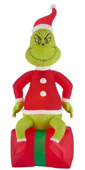 Photo 1 of  9.5 ft Pre-Lit LED Airblown Dr. Seuss Fuzzy Plush Grinch on Present Christmas Inflatable
