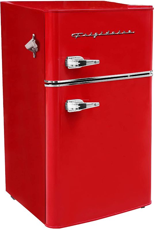 Photo 1 of *SEE last pictures for damage*
Frigidaire 3.2 Cu Ft Red 2 Door Retro Bar Fridge with Side Bottle Opener
