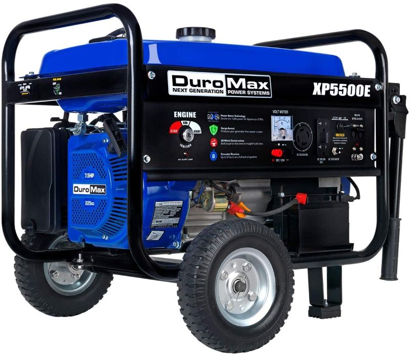 Photo 1 of DuroMax XP5500E Gas Powered Portable Generator-5500 Watt Electric Start-Camping & RV Ready, 50 State Approved, Blue/Black missing keys and electrical panel is damaged
