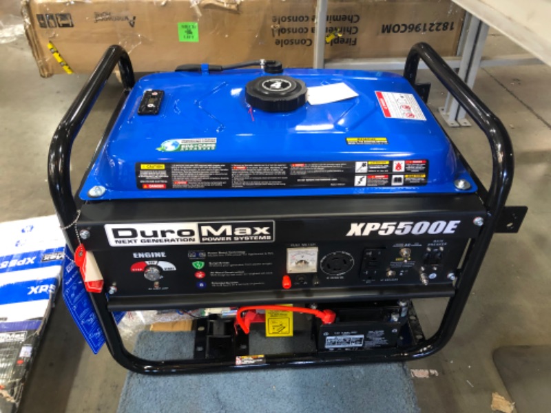 Photo 5 of DuroMax XP5500E Gas Powered Portable Generator-5500 Watt Electric Start-Camping & RV Ready, 50 State Approved, Blue/Black missing keys and electrical panel is damaged
