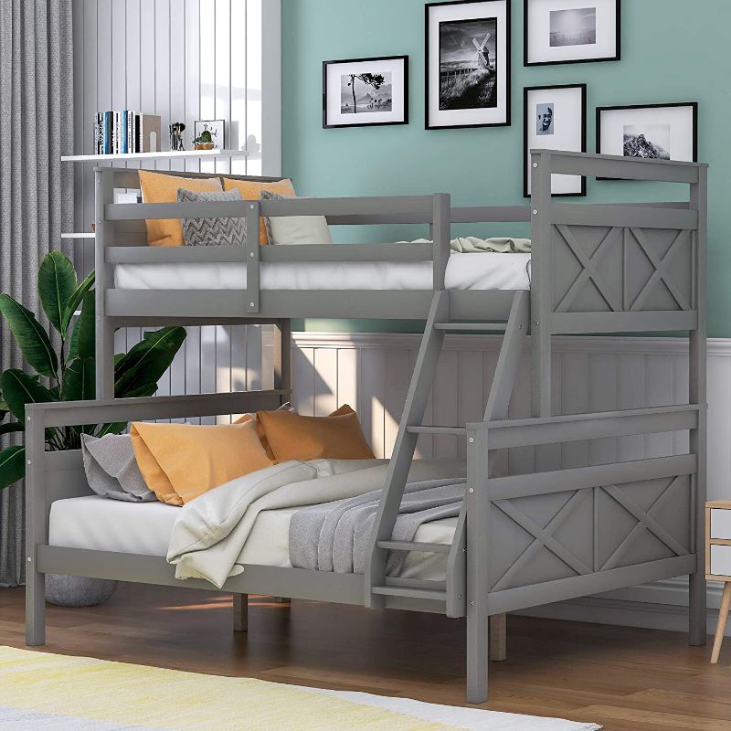 Photo 1 of **ONLY BASE BOARS, BOX 1 OF 2** P PURLOVE Twin Over Full Bunk Bed with Ladder Bunk Bed Frame with Safety Guardrail for Boys Girls, Gray
