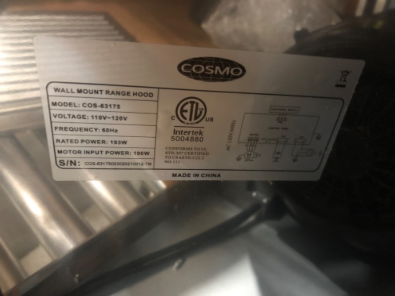 Photo 4 of ***INCOMPLETE**Cosmo 63175S 30 in. Wall Mount Range Hood with Ductless Convertible Duct (additional filters needed, not included), Ceiling Chimney-Style Stove Vent, LEDs Light, Permanent Filter, 3 Speed Fan, in Stainless Steel
