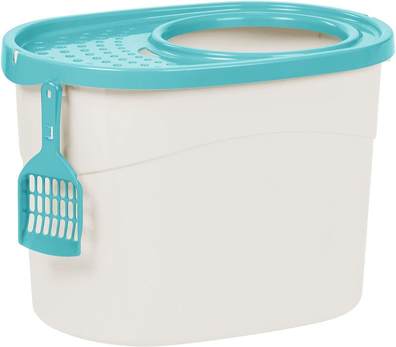 Photo 1 of (CRACKED OFF EDGE)
IRIS USA Top Entry Cat Litter Box with Cat Litter Scoop, OUTSIDE DIMENSIONS: 20.50"L x 14.75"W x 14.38"H
INSIDE DIMENSIONS: (widest point) 19.12"L x 13.75"W x 14.25"H (bottom narrowest point) 17.0"L x 11.5"W (entry diameter) 9"
