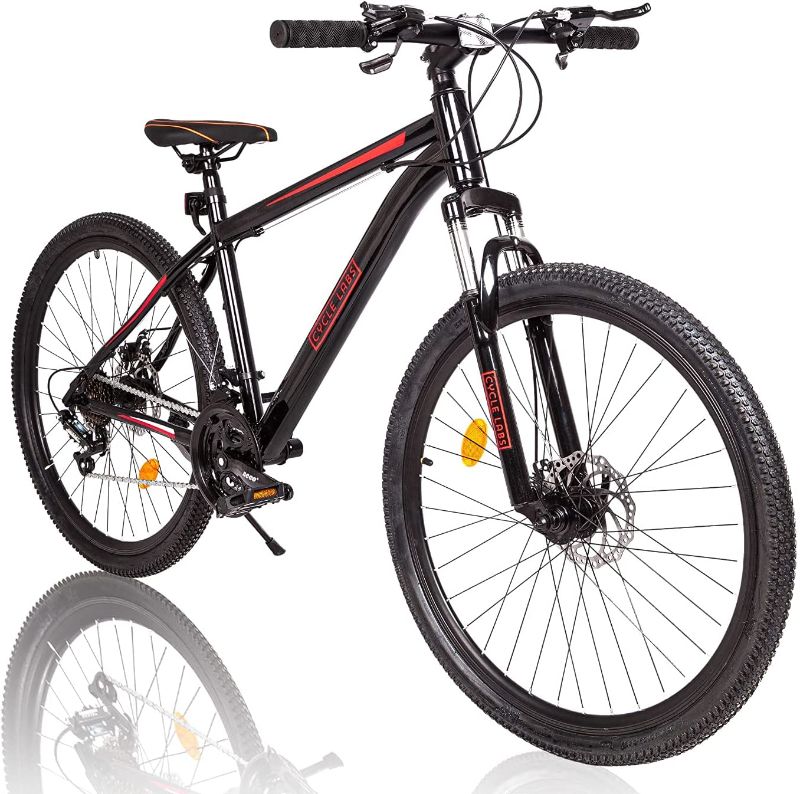 Photo 1 of Cycle-Labs (US Based Business) 24 Inch Mountain Bike 21 Speed for Men Women Adult Hard Trail Front Suspension Disc Brakes Aluminum Steel Frame - Black & Red
