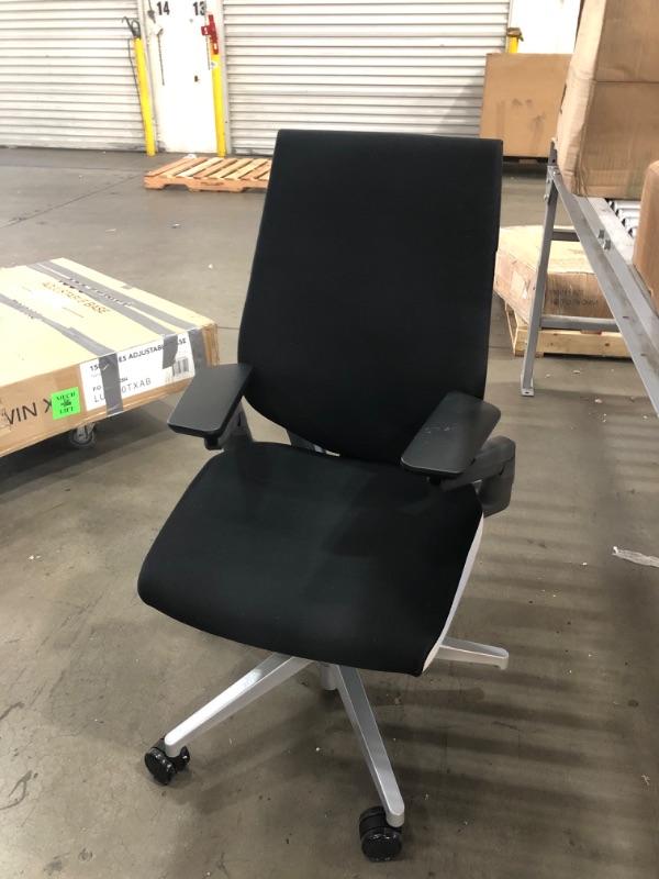 Photo 3 of missing one wheel*
Steelcase Gesture Office Chair - Buzz2 Black Upholstered Wrapped Back Platinum Metallic Frame Medium Seat Light Seagull Seat/Back Dark Merle Arms (Light/Light) Hard Floor Caster Wheels
