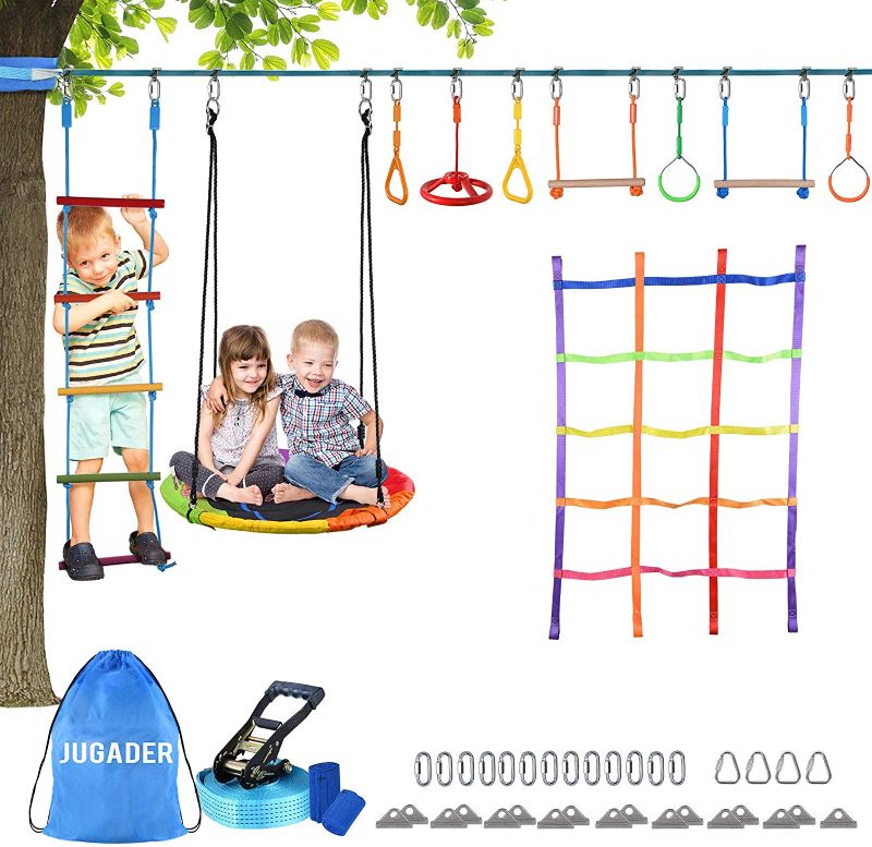 Photo 1 of Jugader 50FT Ninja Warrior Obstacle Course for Kids with Saucer Swing, Colorful Net, Climbing Ladder, Ninja Wheel, Monkey Bars, Gym Rings
