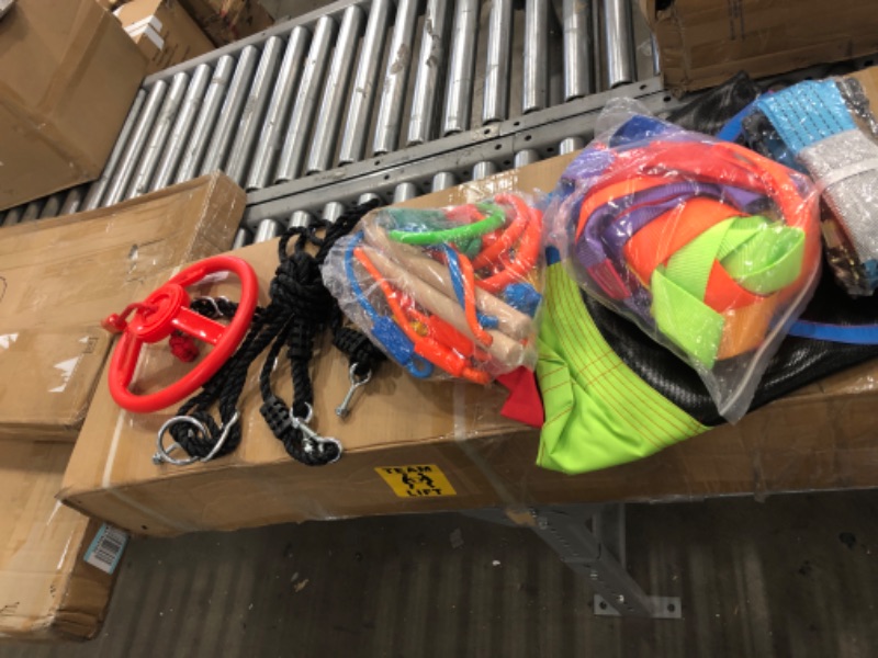 Photo 1 of Jugader 50FT Ninja Warrior Obstacle Course for Kids with Saucer Swing, Colorful Net, Climbing Ladder, Ninja Wheel, Monkey Bars, Gym Rings
