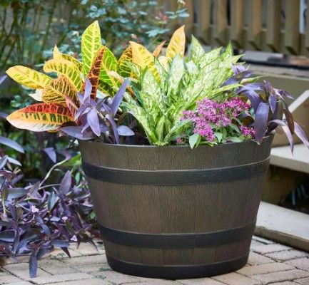 Photo 1 of 22.44 in. Dia x 14.96 in. H Rustic Oak High-Density Resin Whiskey Barrel Planter
