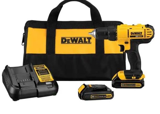 Photo 1 of DEWALT
20-Volt MAX Cordless 1/2 in. Drill/Driver, (2) 20-Volt 1.3Ah Batteries, Charger & Bag