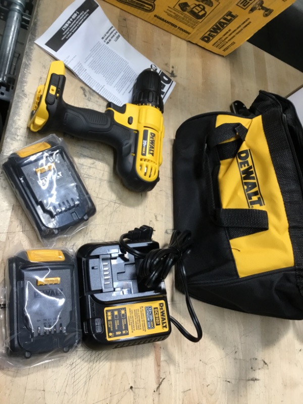 Photo 2 of DEWALT
20-Volt MAX Cordless 1/2 in. Drill/Driver, (2) 20-Volt 1.3Ah Batteries, Charger & Bag