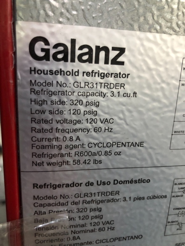 Photo 7 of (seem slike only the refrigerator part is getting cold)
Galanz GLR31TRDER Retro Compact Refrigerator, Mini Fridge with Dual Doors, Adjustable Mechanical Thermostat with True Freezer, Red, 3.1 Cu FT
DOES NOT GET COLD