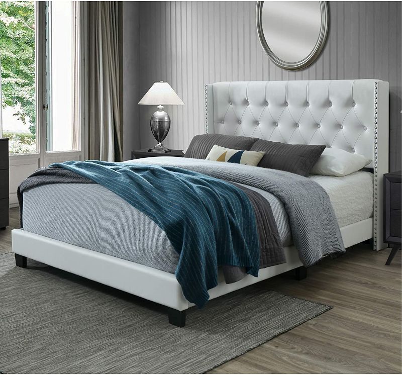 Photo 1 of ****PARTS ONLY****
DG Casa Bardy Upholstered Panel Bed Frame with Diamond Tufted and Nailhead Trim Wingback Headboard, Queen Size in White Faux Leather Fabric
