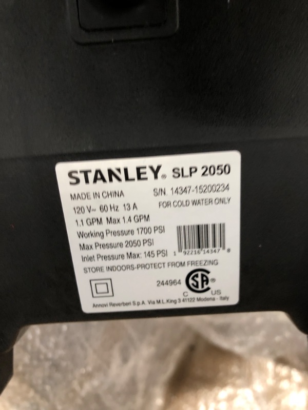 Photo 5 of ***PARTS ONLY*** Stanley Electric Pressure Washer, SLP2050, 2-in-1 Mobile Cart or Detach Portable Use with Detergent Tank, 2050 Max PSI, 1.4 GPM, Great for Washing Cars